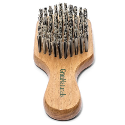 GranNaturals Hard Bristle Slick Back Hair Brush for Men & Women - Stiff Nylon Small Hairbrush for Smoothing, Waves, Beard, Fades, Locs, Dreads