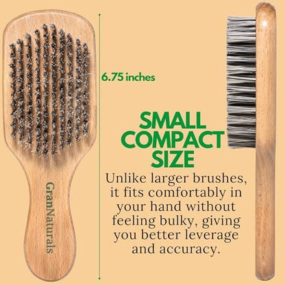 GranNaturals Hard Bristle Slick Back Hair Brush for Men & Women - Stiff Nylon Small Hairbrush for Smoothing, Waves, Beard, Fades, Locs, Dreads