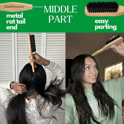 GranNaturals Smoothing & Styling Middle Part Boar Bristle Brush with Metal Rat Tail – For Sleek Ponytails, Buns, Teasing & Edge Control