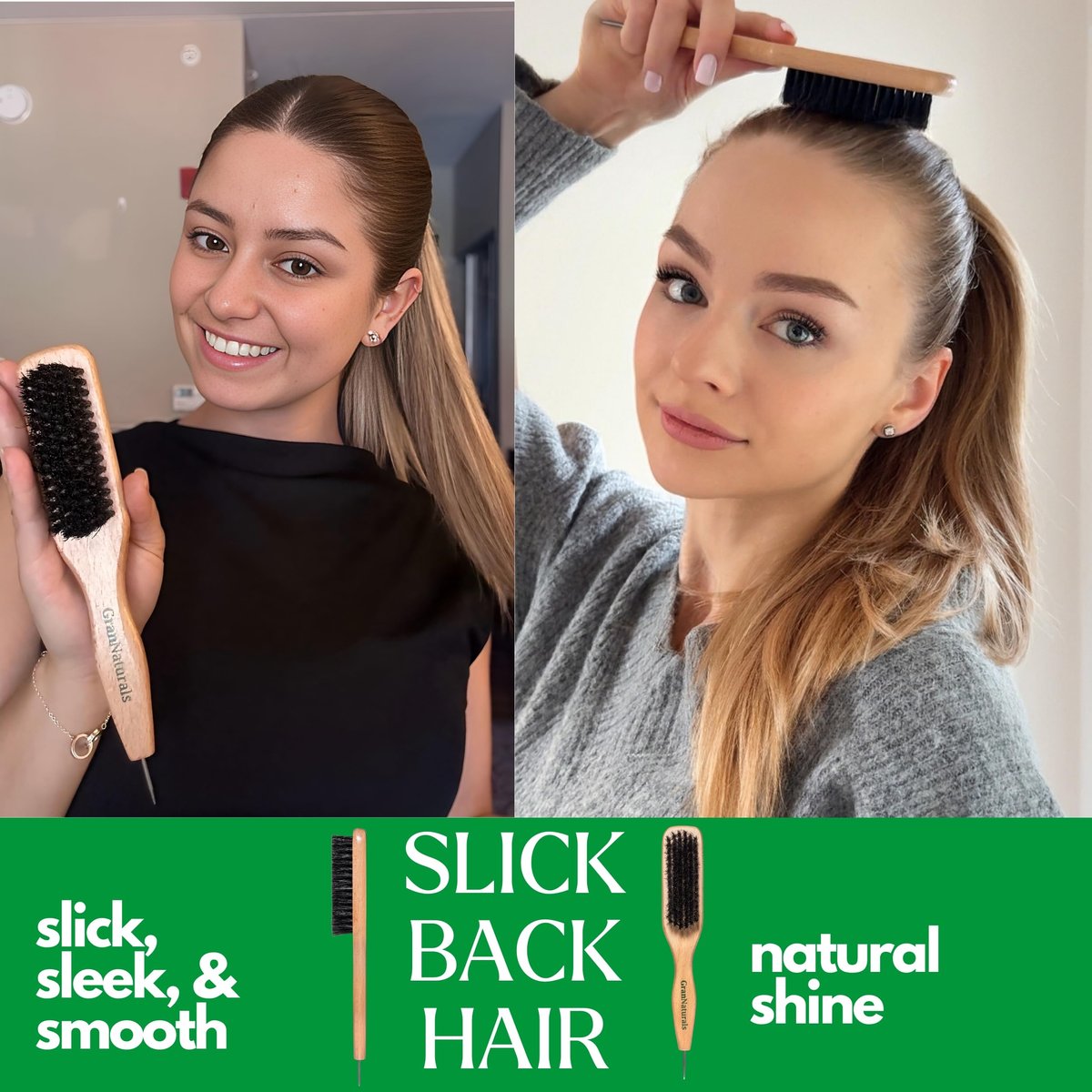 GranNaturals Smoothing & Styling Middle Part Boar Bristle Brush with Metal Rat Tail – For Sleek Ponytails, Buns, Teasing & Edge Control - görsel 3