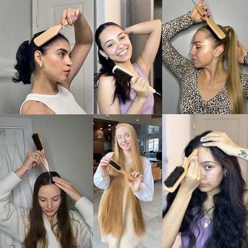 GranNaturals Smoothing & Styling Middle Part Boar Bristle Brush with Metal Rat Tail – For Sleek Ponytails, Buns, Teasing & Edge Control - görsel 16