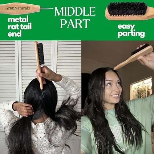 GranNaturals Smoothing & Styling Middle Part Boar Bristle Brush with Metal Rat Tail – For Sleek Ponytails, Buns, Teasing & Edge Control - görsel 6
