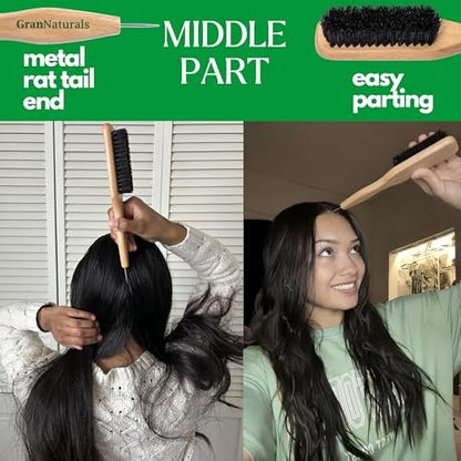 GranNaturals Smoothing & Styling Middle Part Boar Bristle Brush with Metal Rat Tail – For Sleek Ponytails, Buns, Teasing & Edge Control