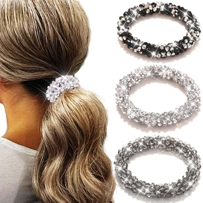 Fashey Rhinestone Hair Ties Silver Elastic Ponytail Holders 3 Pcs Crystal Hair Scrunchies Hair Accessories for Women