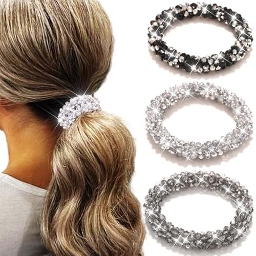 Fashey Rhinestone Hair Ties Silver Elastic Ponytail Holders 3 Pcs Crystal Hair Scrunchies Hair Accessories for Women - görsel 2