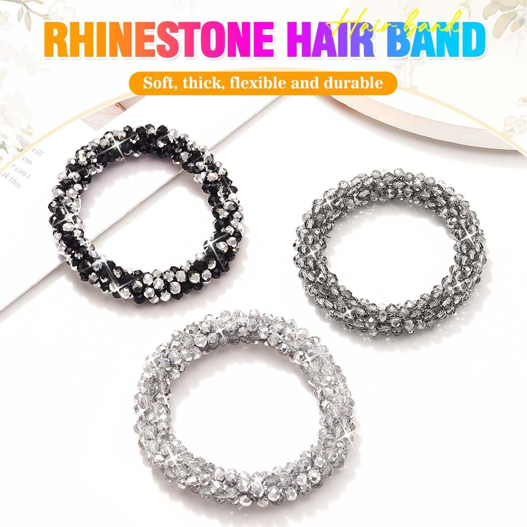 Fashey Rhinestone Hair Ties Silver Elastic Ponytail Holders 3 Pcs Crystal Hair Scrunchies Hair Accessories for Women - görsel 3