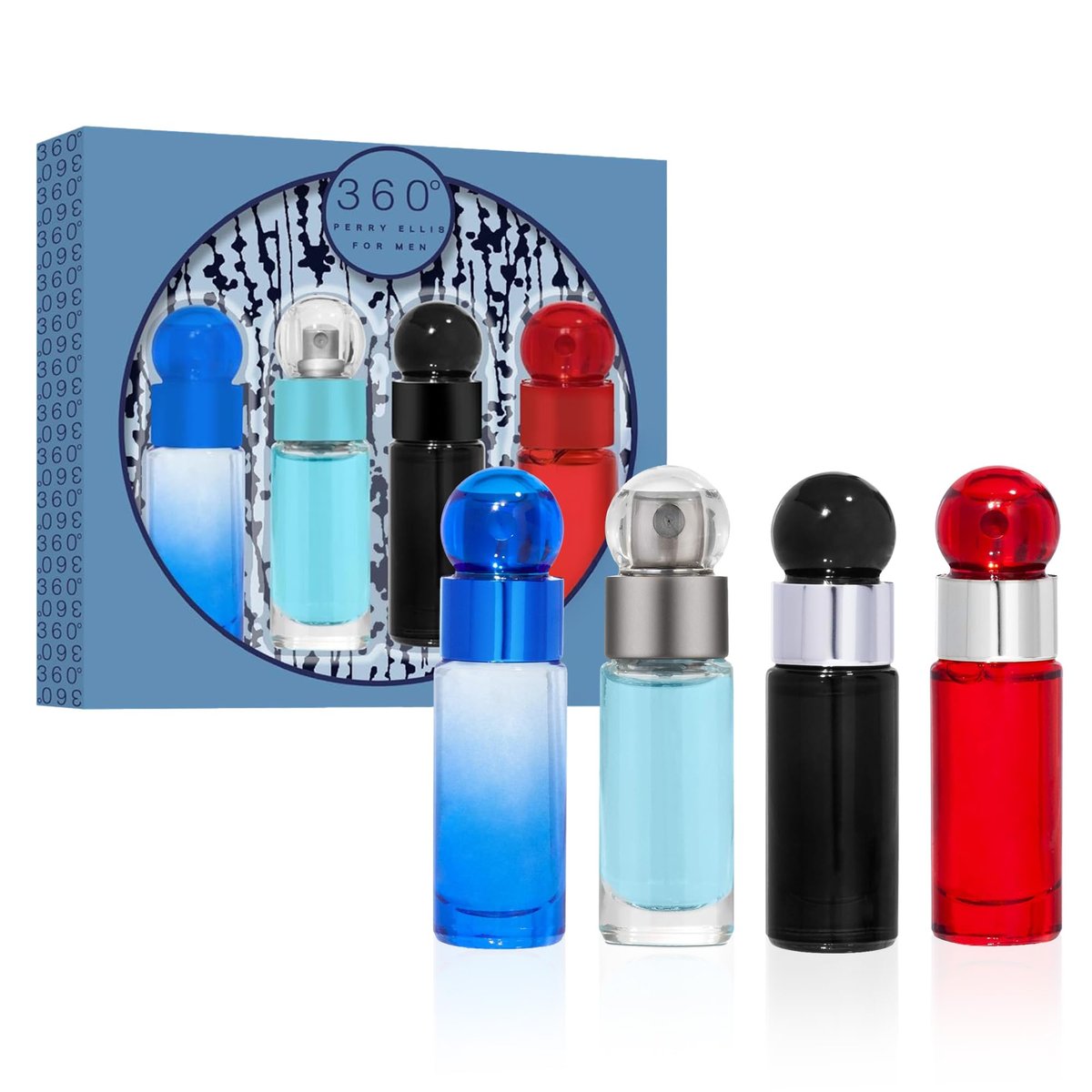 Perry Ellis 360° 4-Piece Mini Cologne Set for Men - Fragrance Sampler with 360° Men, Red, Very Blue, & Black - Travel Size Cologne Gift Set (4 x 0.25 fl oz) Avelisse