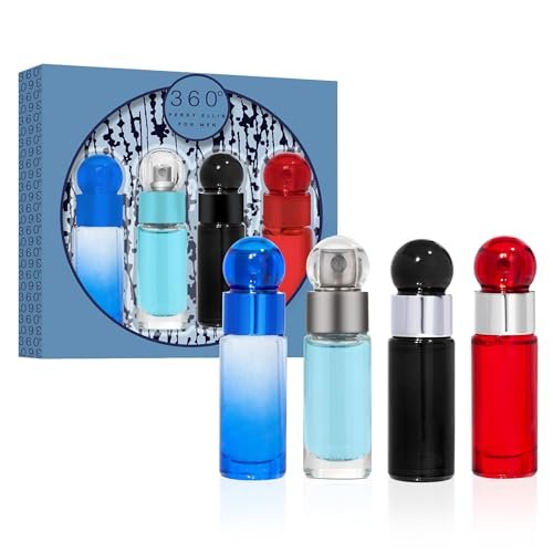 Perry Ellis 360° 4-Piece Mini Cologne Set for Men - Fragrance Sampler with 360° Men, Red, Very Blue, & Black - Travel Size Cologne Gift Set (4 x 0.25 fl oz) Avelisse