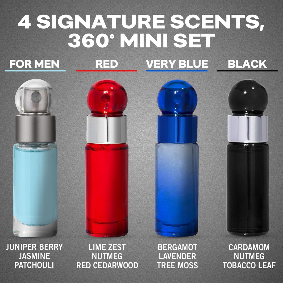 Perry Ellis 360° 4-Piece Mini Cologne Set for Men - Fragrance Sampler with 360° Men, Red, Very Blue, & Black - Travel Size Cologne Gift Set (4 x 0.25 fl oz) Avelisse