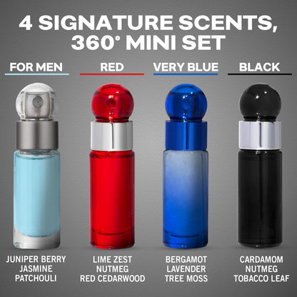 Perry Ellis 360° 4-Piece Mini Cologne Set for Men - Fragrance Sampler with 360° Men, Red, Very Blue, & Black - Travel Size Cologne Gift Set (4 x 0.25 fl oz) Avelisse