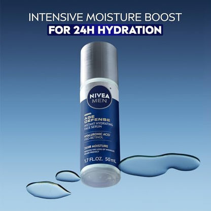 NIVEA MEN Age Defense Instant Hydrating Face Serum for Dry Skin - With Pro-Retinol and Hyaluronic Acid - Reduces Fine Lines and Wrinkles - 1.7 Fl Oz