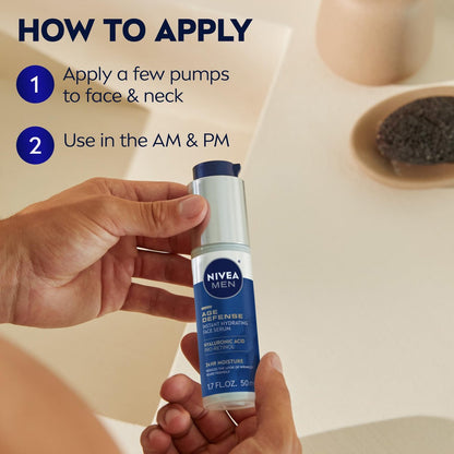 NIVEA MEN Age Defense Instant Hydrating Face Serum for Dry Skin - With Pro-Retinol and Hyaluronic Acid - Reduces Fine Lines and Wrinkles - 1.7 Fl Oz