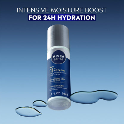 NIVEA MEN Age Defense Instant Hydrating Face Serum for Dry Skin - With Pro-Retinol and Hyaluronic Acid - Reduces Fine Lines and Wrinkles - 1.7 Fl Oz