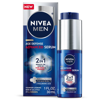 NIVEA MEN Age Defense Advanced Face Serum for Dark Spots with Thiamidol + Hyaluronic Acid, Fast-Absorbing Serum for Men, Reduces Dark Spots, Fine Lines & Wrinkles, 1 Fl Oz