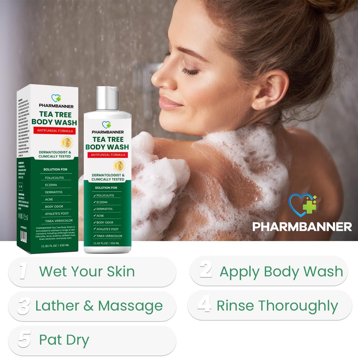 PHARMBANNER Tea Tree Antifungal Body Wash – Soothes Folliculitis, Acne, Jock Itch, Athlete's Foot, Ringworm, Tinea Versicolor, Body Odor, Eczema & Dermatitis-Prone Skin, 11.84 Fl Oz Avelisse