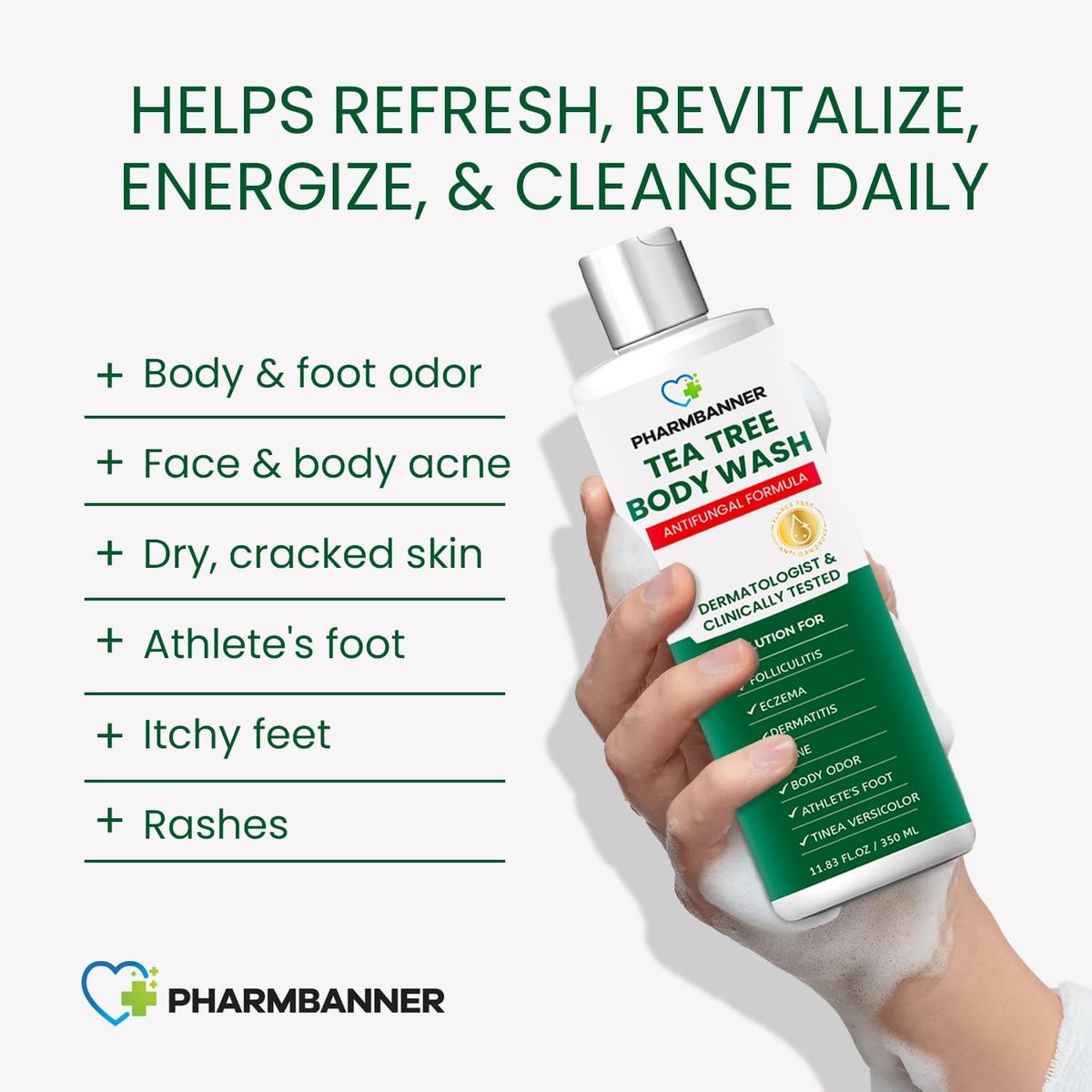PHARMBANNER Tea Tree Antifungal Body Wash – Soothes Folliculitis, Acne, Jock Itch, Athlete's Foot, Ringworm, Tinea Versicolor, Body Odor, Eczema & Dermatitis-Prone Skin, 11.84 Fl Oz Avelisse
