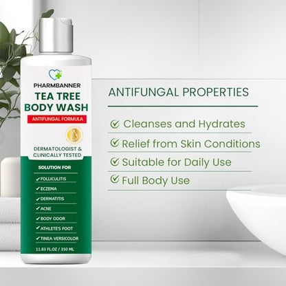PHARMBANNER Tea Tree Antifungal Body Wash – Soothes Folliculitis, Acne, Jock Itch, Athlete's Foot, Ringworm, Tinea Versicolor, Body Odor, Eczema & Dermatitis-Prone Skin, 11.84 Fl Oz Avelisse