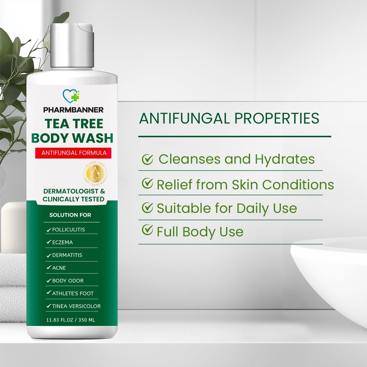 PHARMBANNER Tea Tree Antifungal Body Wash – Soothes Folliculitis, Acne, Jock Itch, Athlete's Foot, Ringworm, Tinea Versicolor, Body Odor, Eczema & Dermatitis-Prone Skin, 11.84 Fl Oz Avelisse