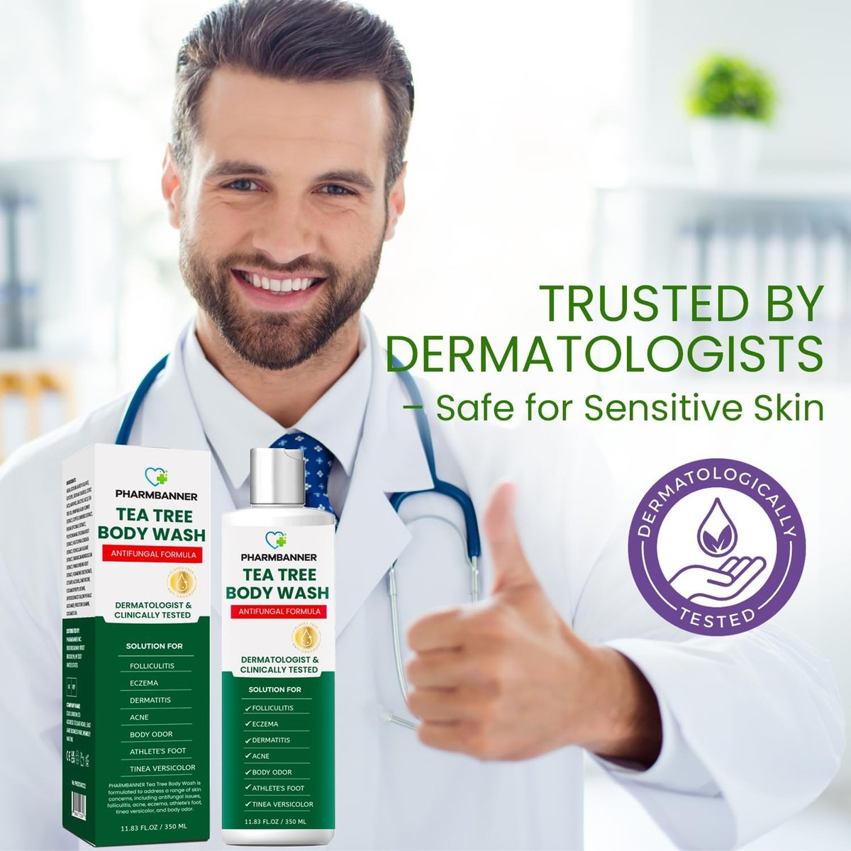 PHARMBANNER Tea Tree Antifungal Body Wash – Soothes Folliculitis, Acne, Jock Itch, Athlete's Foot, Ringworm, Tinea Versicolor, Body Odor, Eczema & Dermatitis-Prone Skin, 11.84 Fl Oz Avelisse