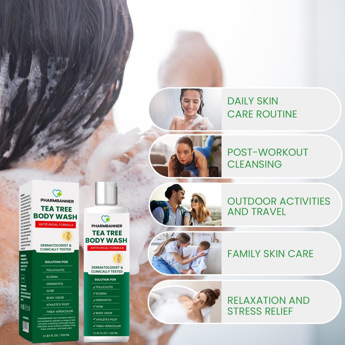 PHARMBANNER Tea Tree Antifungal Body Wash – Soothes Folliculitis, Acne, Jock Itch, Athlete's Foot, Ringworm, Tinea Versicolor, Body Odor, Eczema & Dermatitis-Prone Skin, 11.84 Fl Oz Avelisse