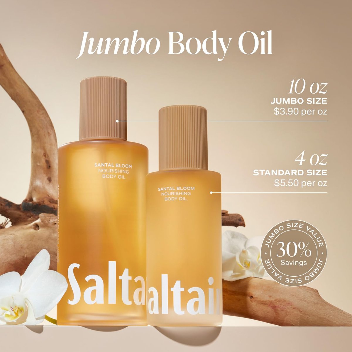 Saltair Body Oil – Jumbo Size Santal Bloom After Shower & Bath Oil for Women and Men – Botanical, Non-Greasy, Well-Absorbing Moisturizer for Dry Skin – 10 oz Avelisse