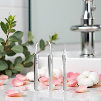 Professional Blackhead Remover Tweezers Set - 3Pcs Precision Acne Removal Kit with Storage Case