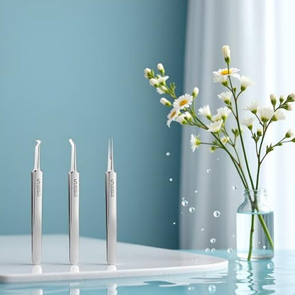 Professional Blackhead Remover Tweezers Set - 3Pcs Precision Acne Removal Kit with Storage Case