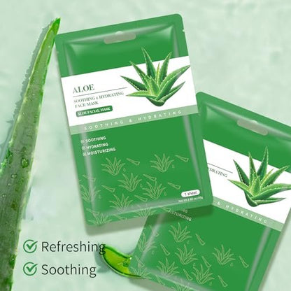 IREV Aloe Vera Soothing Mask – Hydrating Face Mask for Dry, Oily, Sensitive Skin, Acne & Sun Care, 10 Pack, 25ml Each