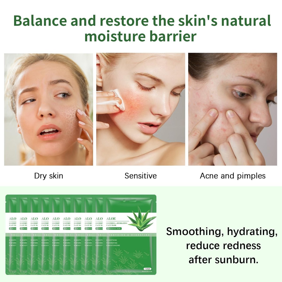 IREV Aloe Vera Soothing Mask – Hydrating Face Mask for Dry, Oily, Sensitive Skin, Acne & Sun Care, 10 Pack, 25ml Each - görsel 9