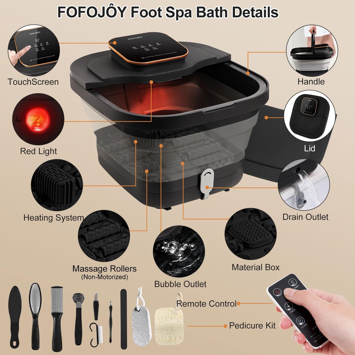 FOFOJÔY Collapsible Foot Spa Bath with Heat, Massage Rollers & Bubbles – Temperature Control & Remote for Pedicure Avelisse