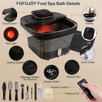 FOFOJÔY Collapsible Foot Spa Bath with Heat, Massage Rollers & Bubbles – Temperature Control & Remote for Pedicure Avelisse