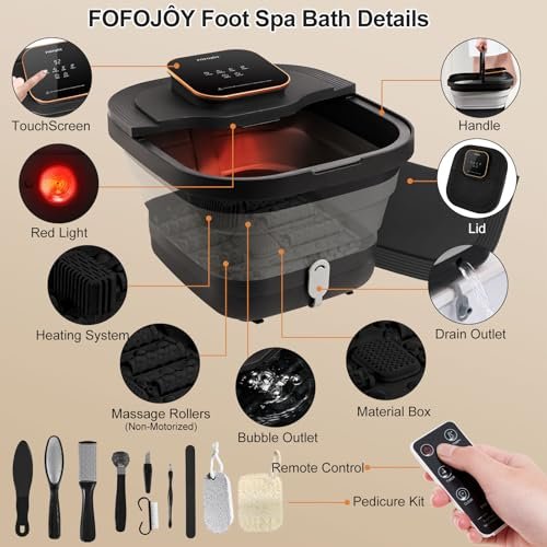 FOFOJÔY Collapsible Foot Spa Bath with Heat, Massage Rollers & Bubbles – Temperature Control & Remote for Pedicure Avelisse