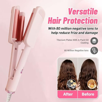 Deep Beach Waver & Curling Iron - Ionic Waver Hair Curler Tool, Ceramic 3 Barrel Curler Wand for Short Hair (Pink) Avelisse