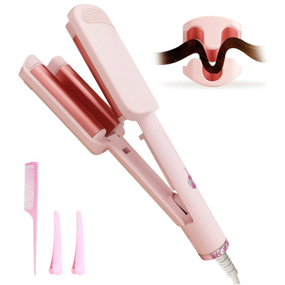 Deep Beach Waver & Curling Iron - Ionic Waver Hair Curler Tool, Ceramic 3 Barrel Curler Wand for Short Hair (Pink) Avelisse