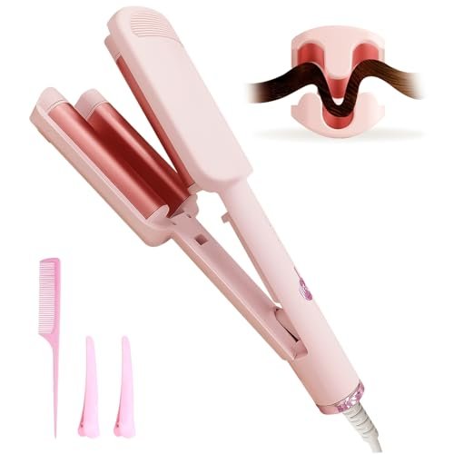 Deep Beach Waver & Curling Iron - Ionic Waver Hair Curler Tool, Ceramic 3 Barrel Curler Wand for Short Hair (Pink) Avelisse