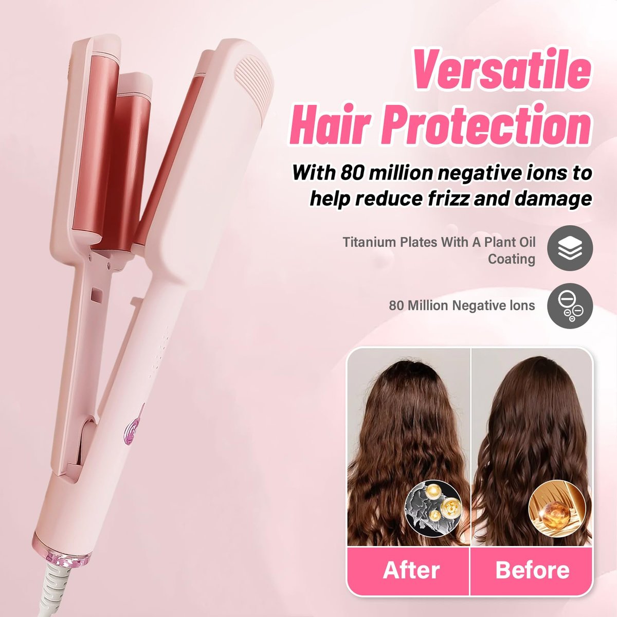 Deep Beach Waver & Curling Iron - Ionic Waver Hair Curler Tool, Ceramic 3 Barrel Curler Wand for Short Hair (Pink) Avelisse