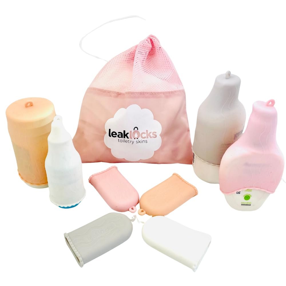 LeakLocks Toiletry Skins 4-Pack with Travel Bag – Elastic Leak-Proof Sleeves for Travel Bottles, Fits Standard & Travel-Sized Toiletries, Reusable Luggage Accessory Avelisse