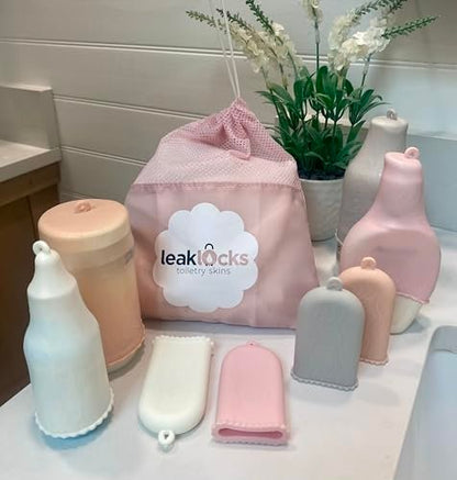 LeakLocks Toiletry Skins 4-Pack with Travel Bag – Elastic Leak-Proof Sleeves for Travel Bottles, Fits Standard & Travel-Sized Toiletries, Reusable Luggage Accessory Avelisse
