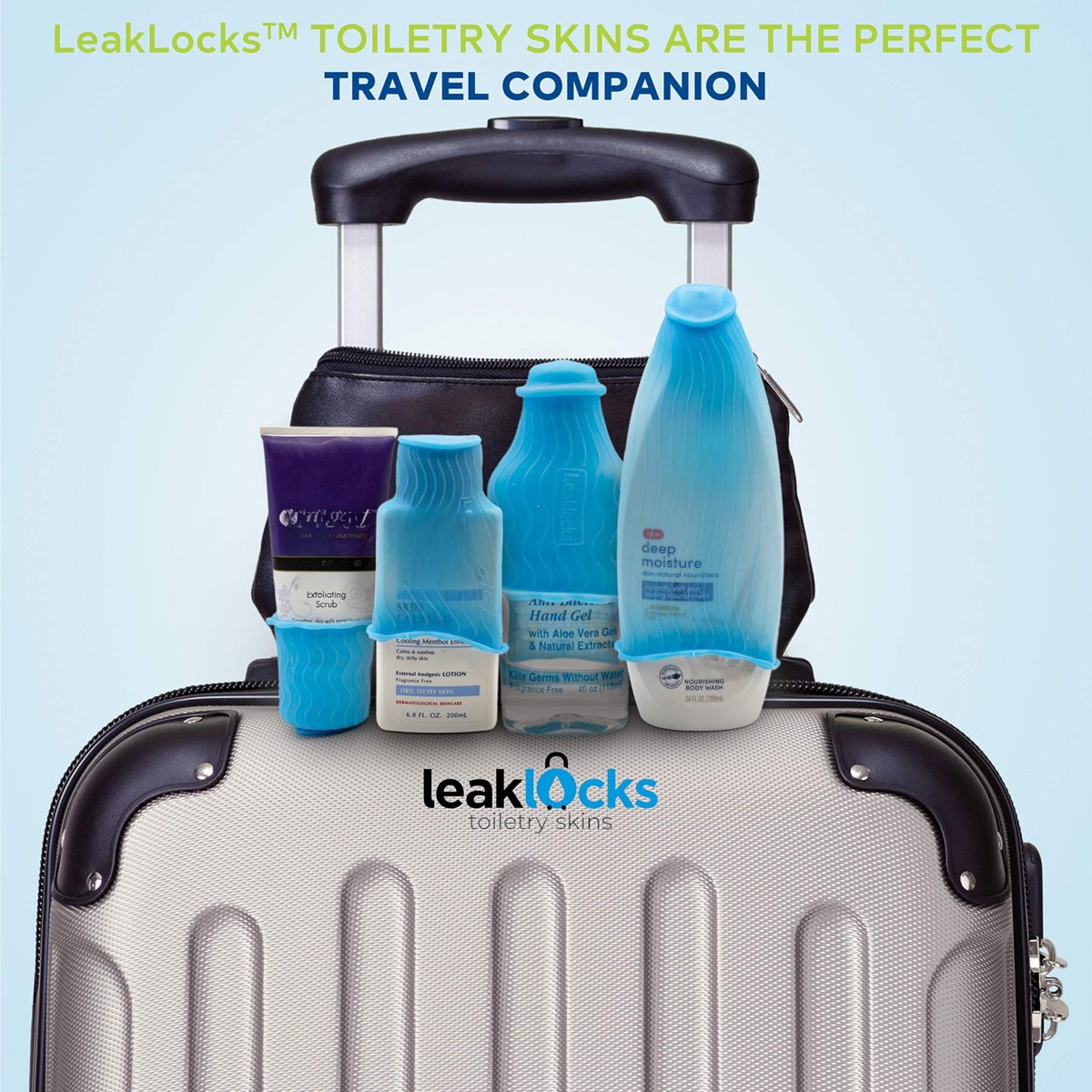 LeakLocks Toiletry Skins 4-Pack with Travel Bag – Elastic Leak-Proof Sleeves for Travel Bottles, Fits Standard & Travel-Sized Toiletries, Reusable Luggage Accessory Avelisse