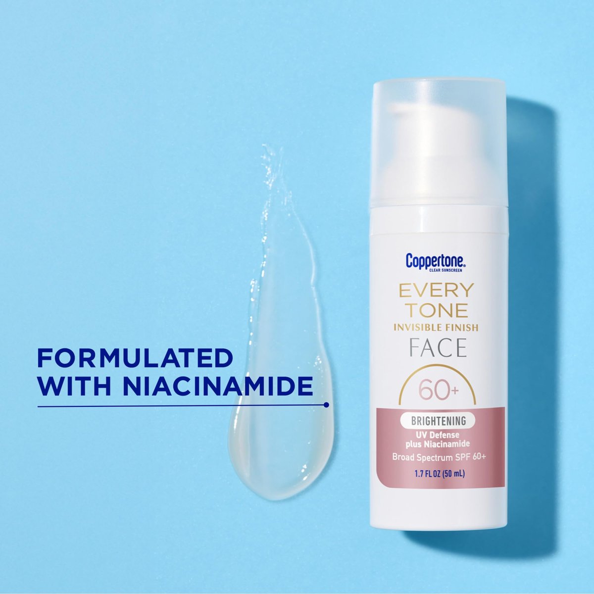 Coppertone Every Tone Invisible Finish Brightening UV Defense Face Sunscreen SPF 60+ with Niacinamide, Lightweight, Clear Sunscreen for All Skin Tones, 1.7 Fl Oz Pump Bottle - görsel 9