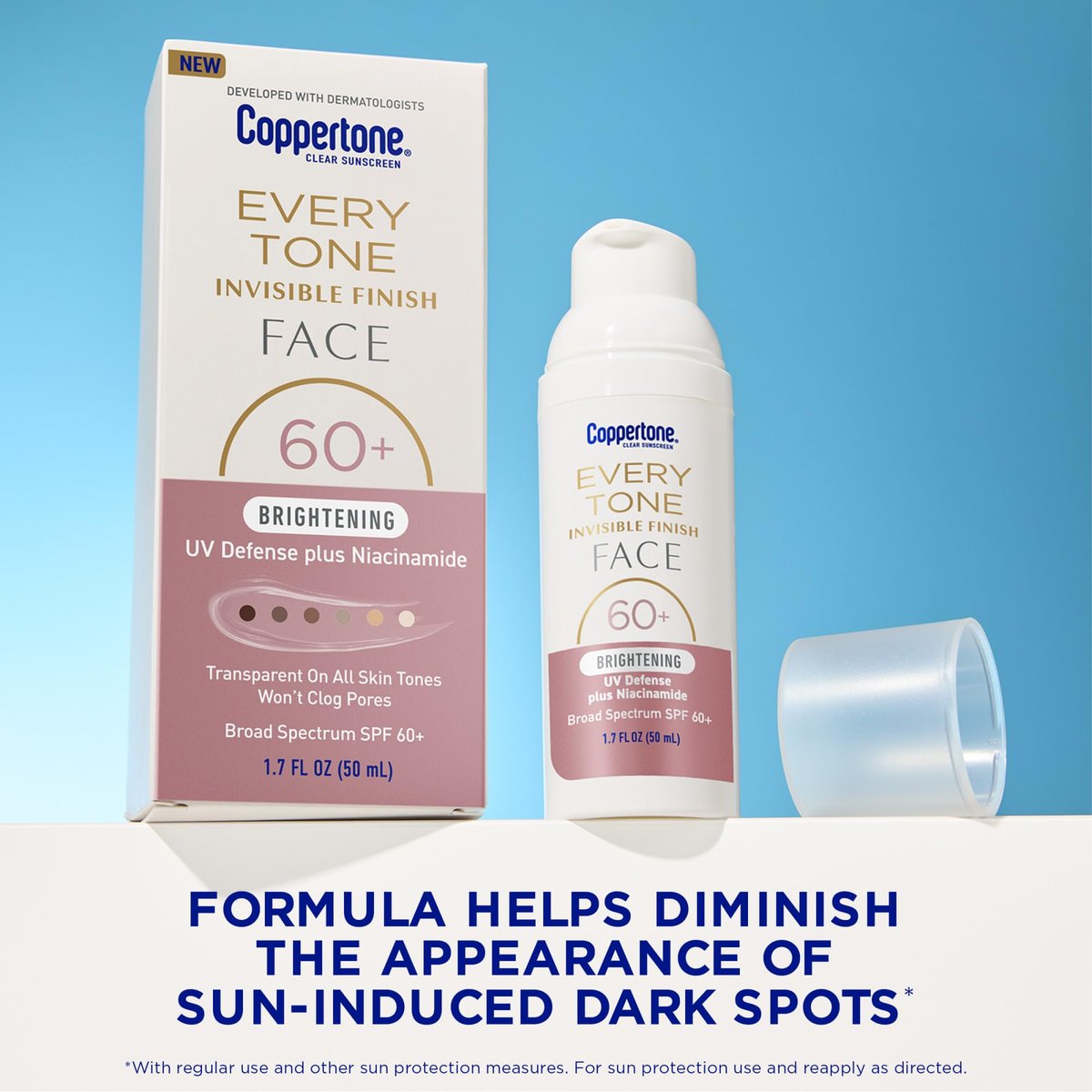 Coppertone Every Tone Invisible Finish Brightening UV Defense Face Sunscreen SPF 60+ with Niacinamide, Lightweight, Clear Sunscreen for All Skin Tones, 1.7 Fl Oz Pump Bottle - görsel 3