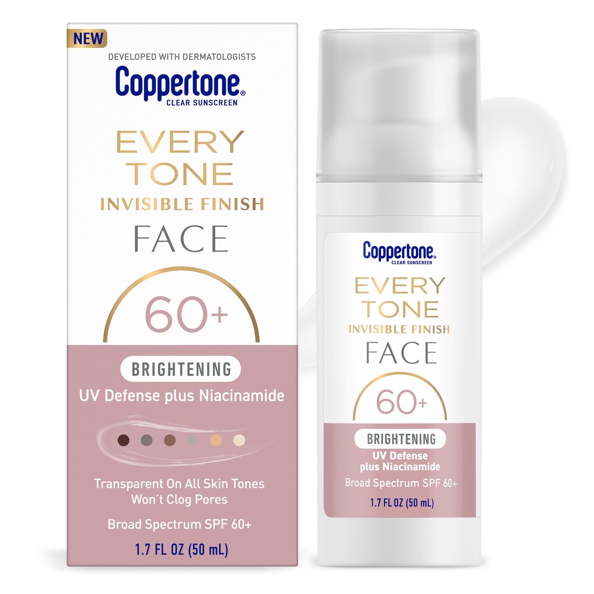Coppertone Every Tone Invisible Finish Brightening UV Defense Face Sunscreen SPF 60+ with Niacinamide, Lightweight, Clear Sunscreen for All Skin Tones, 1.7 Fl Oz Pump Bottle - görsel 1