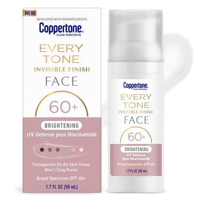Coppertone Every Tone Invisible Finish Brightening UV Defense Face Sunscreen SPF 60+ with Niacinamide, Lightweight, Clear Sunscreen for All Skin Tones, 1.7 Fl Oz Pump Bottle