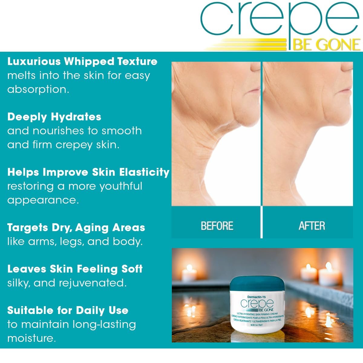 Dermactin Crepe Be Gone Body Souffle - Ultra Hydrating Crepe Skin Firming Cream for Neck, Chest, Arms & Legs - Classic 3 oz - görsel 9