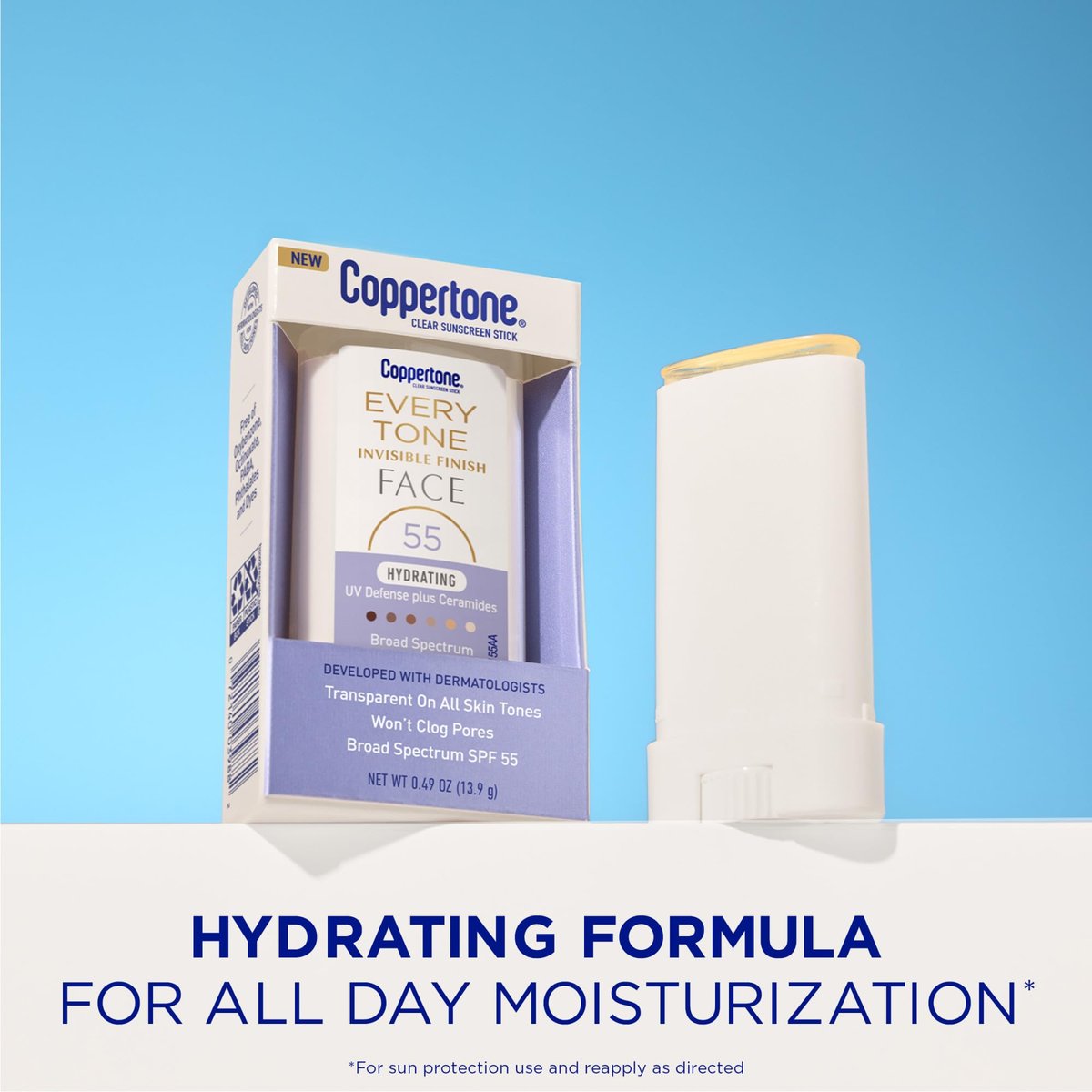Coppertone Every Tone Invisible Finish Hydrating UV Defense Face Sunscreen Stick SPF 55 with Ceramides, Clear for All Skin Tones, 0.49 oz - görsel 3