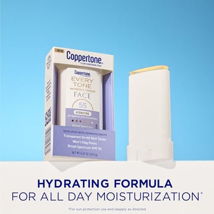 Coppertone Every Tone Invisible Finish Hydrating UV Defense Face Sunscreen Stick SPF 55 with Ceramides, Clear for All Skin Tones, 0.49 oz