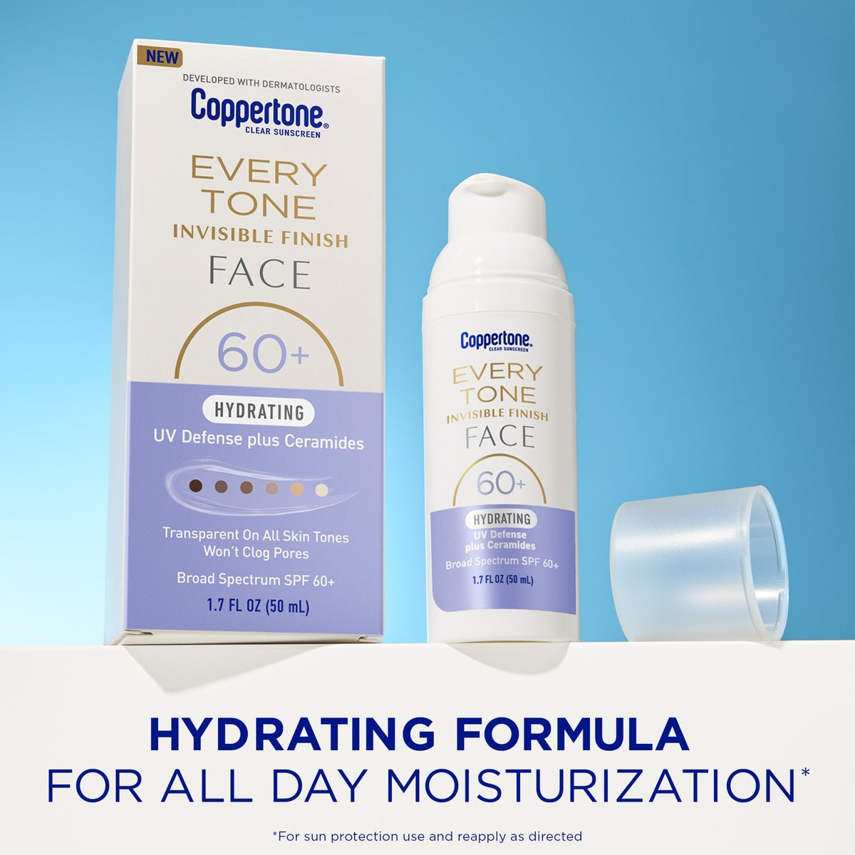 Coppertone Every Tone Invisible Finish Hydrating UV Defense Face Sunscreen SPF 60+ with Ceramides, Lightweight, Blends Clear for All Skin Tones, 1.7 Fl Oz Pump Bottle - görsel 3