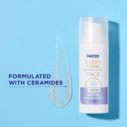 Coppertone Every Tone Invisible Finish Hydrating UV Defense Face Sunscreen SPF 60+ with Ceramides, Lightweight, Blends Clear for All Skin Tones, 1.7 Fl Oz Pump Bottle