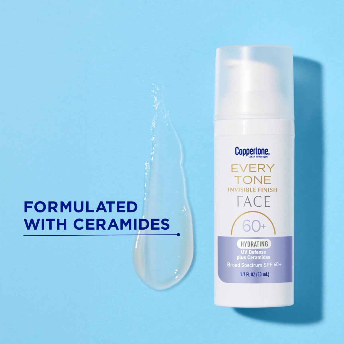 Coppertone Every Tone Invisible Finish Hydrating UV Defense Face Sunscreen SPF 60+ with Ceramides, Lightweight, Blends Clear for All Skin Tones, 1.7 Fl Oz Pump Bottle - görsel 9
