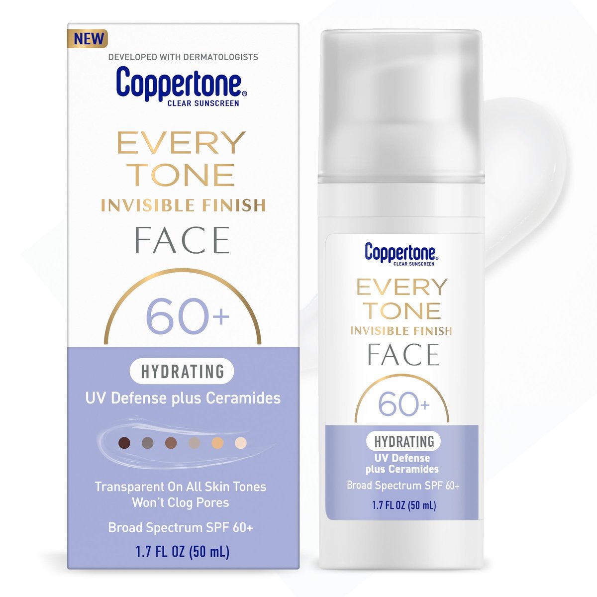 Coppertone Every Tone Invisible Finish Hydrating UV Defense Face Sunscreen SPF 60+ with Ceramides, Lightweight, Blends Clear for All Skin Tones, 1.7 Fl Oz Pump Bottle - görsel 1